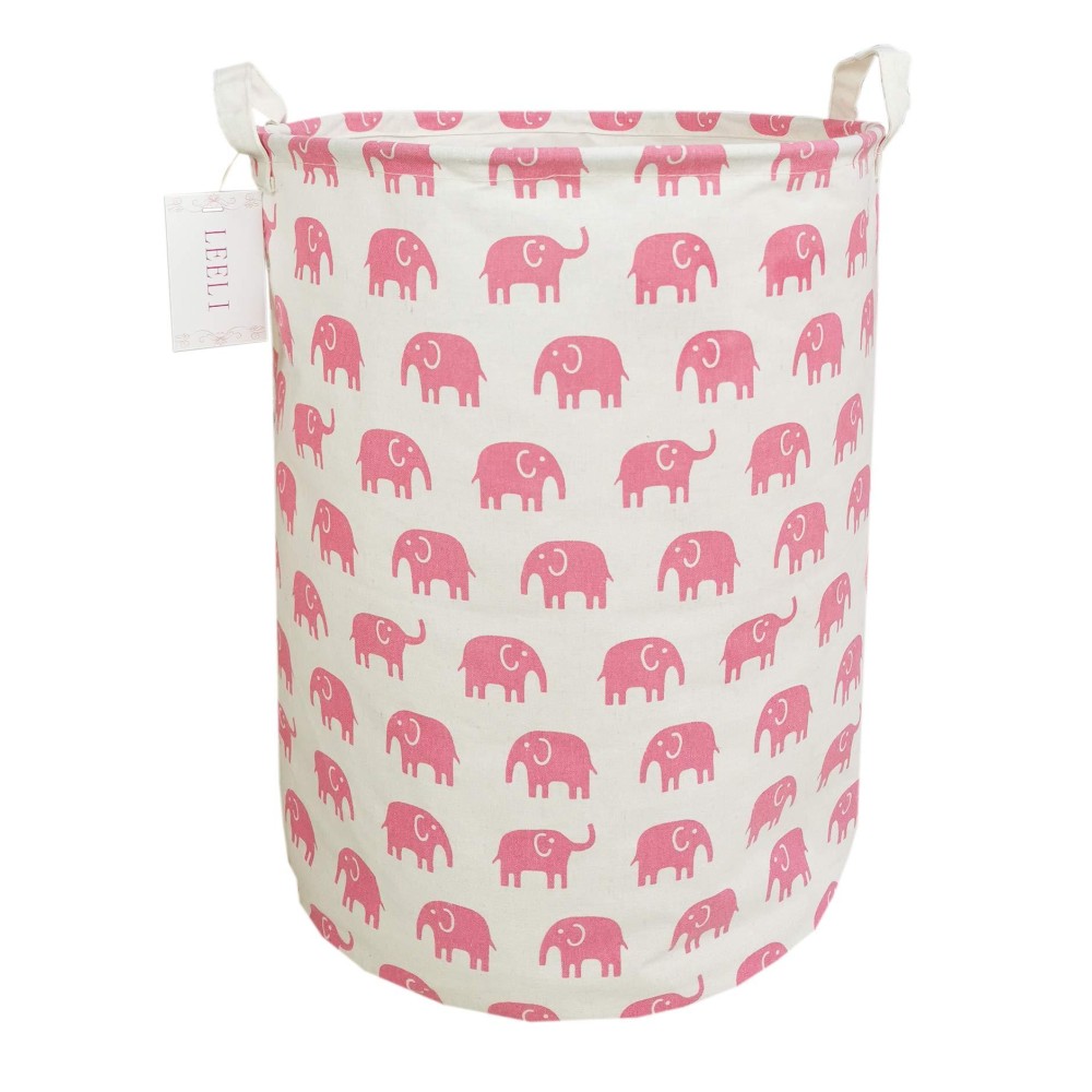 Leeli Laundry Handles-Collapsible Canvas Basket Bin,Kids Room,Home Organizer,Nursery Storage,Baby Hamper,19.7?15.7 (Pink Elephant)