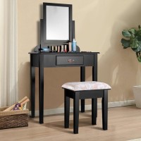 Giantex Vanity Dressing Table Stool Set, For Bedroom Vanities Furniture With Large 360 Rotating Makeup Mirror Solid Wood Legs Padded Linen Fabric Bench, Vanity Tables With Drawers, Black(1 Drawer)