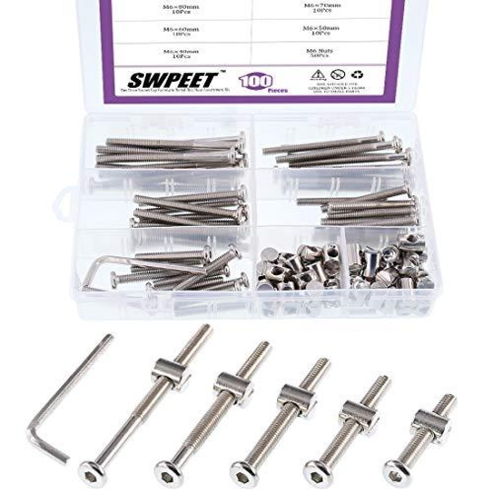 Swpeet 100Pcs Crib Hardware Screws, Nicked Plated M6 ? 40/50/60/70/80Mm Hex Socket Head Cap Crib Baby Bed Bolt And Barrel Nuts With 1 X Allen Wrench Perfect For Furniture, Cots, Crib Screws