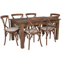 60 x 38 Antique Rustic Farm Table Set with 6 Cross Back Chairs and Cushions