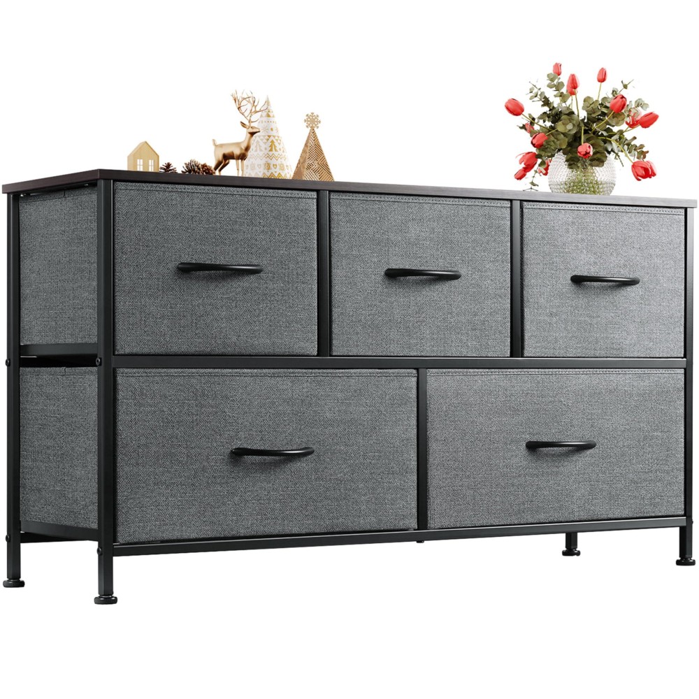 Wlive Dresser For Bedroom With 5 Drawers, Wide Chest Of Drawers, Fabric Dresser, Storage Organizer Unit With Fabric Bins For Closet, Living Room, Hallway, Dark Grey