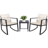 Devoko 3 Piece Rocking Bistro Set Wicker Patio Outdoor Furniture Porch Chairs Conversation Sets With Glass Coffee Table (Beige)