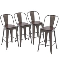 Yongqiang Bar Stools Set Of 4 High Back Metal Kitchen Counter Height Chairs 26 Inch Barstools With Wooden Seat Industrial Rusty