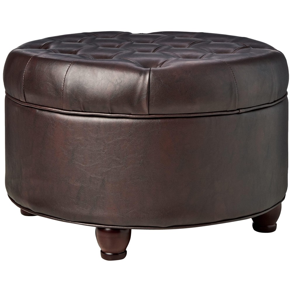 Homepop Home Decor | Large Button Tufted Faux Leather Round Storage Ottoman | Ottoman With Storage For Living Room & Bedroom (Distressed Brown)