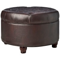 Homepop Home Decor | Large Button Tufted Faux Leather Round Storage Ottoman | Ottoman With Storage For Living Room & Bedroom (Distressed Brown)