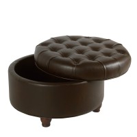 Homepop Home Decor | Large Button Tufted Faux Leather Round Storage Ottoman | Ottoman With Storage For Living Room & Bedroom (Distressed Brown)