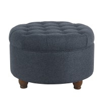 Homepop Home Decor | Large Button Tufted Woven Round Storage Ottoman for Living Room & Bedroom (Navy Woven) 25 inch D x 25 inch W x 15 inch H
