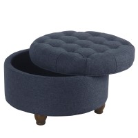 Homepop Home Decor | Large Button Tufted Woven Round Storage Ottoman for Living Room & Bedroom (Navy Woven) 25 inch D x 25 inch W x 15 inch H