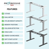 Progressive Automations Electric Standing Desk Frame Dual Motor. Adjustable Height And Width, 3 Stages Legs For Sit Stand Home Office Desks Suites Tops From 48