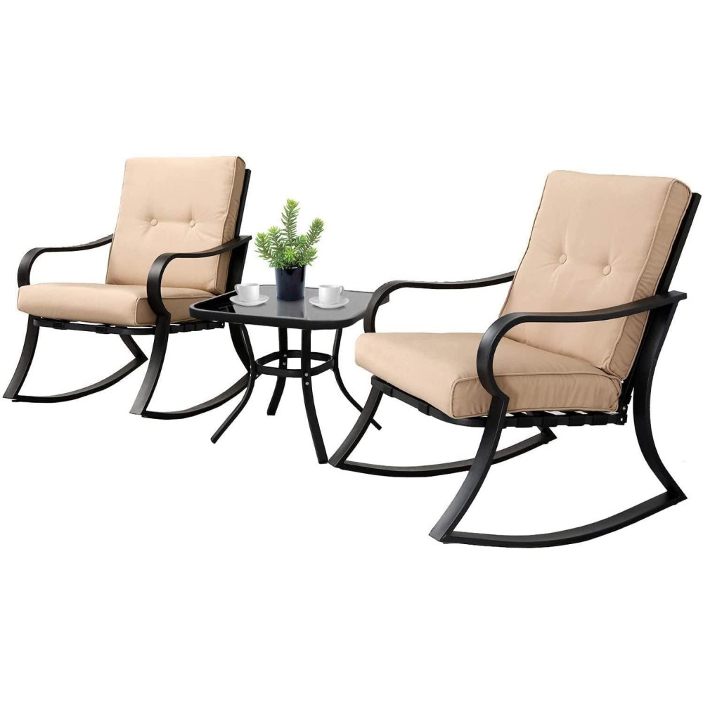 Solaura 3-Piece Outdoor Rocking Chairs Bistro Set, Black Iron Patio Furniture With Brown Thickened Cushion & Glass-Top Coffee Table