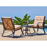 Solaura 3-Piece Outdoor Rocking Chairs Bistro Set, Black Iron Patio Furniture With Brown Thickened Cushion & Glass-Top Coffee Table