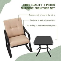 Solaura 3-Piece Outdoor Rocking Chairs Bistro Set, Black Iron Patio Furniture With Brown Thickened Cushion & Glass-Top Coffee Table