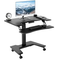 Vivo Black Electric Mobile Height Adjustable 36 Inch Dual Platform Standing Desk With Wheels, Rolling Small Space Table, Sit Stand Workstation, Desk-V111Vt