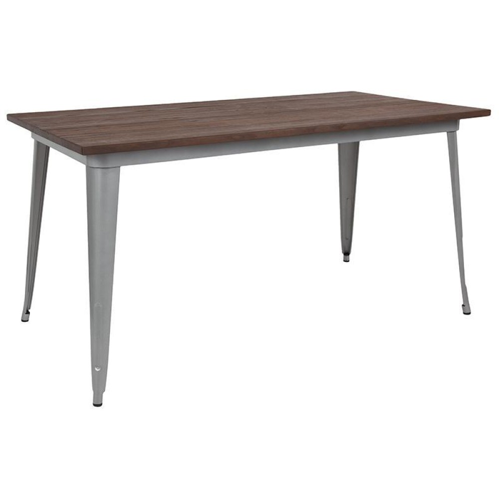 30.25 x 60 Rectangular Silver Metal Indoor Table with Walnut Rustic Wood Top