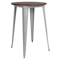 30 Round Silver Metal Indoor Bar Height Table with Walnut Rustic Wood Top