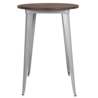 30 Round Silver Metal Indoor Bar Height Table with Walnut Rustic Wood Top