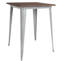 31.5 Square Silver Metal Indoor Bar Height Table with Walnut Rustic Wood Top