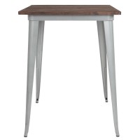 31.5 Square Silver Metal Indoor Bar Height Table with Walnut Rustic Wood Top