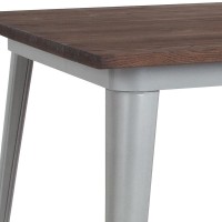 31.5 Square Silver Metal Indoor Bar Height Table with Walnut Rustic Wood Top