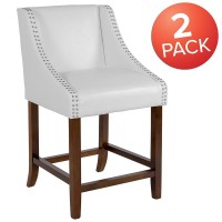 Carmel Series 24 High Transitional Walnut Counter Height Stool with Nail Trim in White LeatherSoft, Set of 2