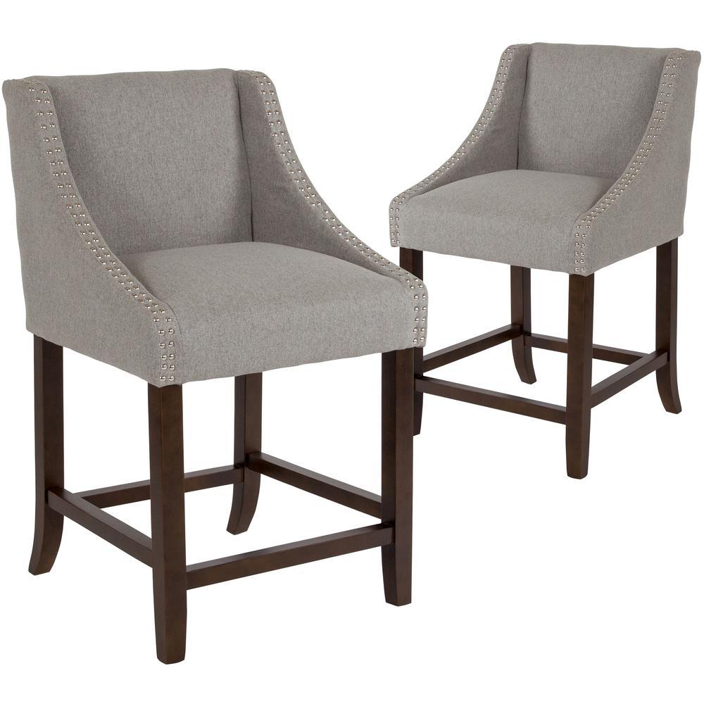 Carmel Series 24 High Transitional Walnut Counter Height Stool with Nail Trim in Light Gray Fabric, Set of 2