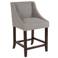 Carmel Series 24 High Transitional Walnut Counter Height Stool with Nail Trim in Light Gray Fabric, Set of 2