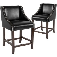 Carmel Series 24 High Transitional Walnut Counter Height Stool with Nail Trim in Black LeatherSoft, Set of 2