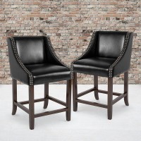 Carmel Series 24 High Transitional Walnut Counter Height Stool with Nail Trim in Black LeatherSoft, Set of 2