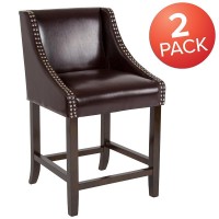Carmel Series 24 High Transitional Walnut Counter Height Stool with Nail Trim in Brown LeatherSoft, Set of 2