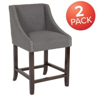 Carmel Series 24 High Transitional Walnut Counter Height Stool with Nail Trim in Dark Gray Fabric, Set of 2