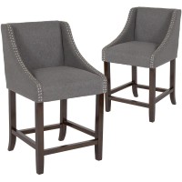 Carmel Series 24 High Transitional Walnut Counter Height Stool with Nail Trim in Dark Gray Fabric, Set of 2