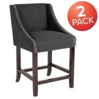 Carmel Series 24 High Transitional Walnut Counter Height Stool with Nail Trim in Charcoal Fabric, Set of 2