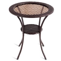 Tangkula 25 Inch Patio Wicker Coffee Table Outdoor Backyard Lawn Balcony Pool Round Tempered Glass Top Rattan Steel Frame Side Table Furniture W/Storage Shelf, Brown