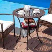 Tangkula 25 Inch Patio Wicker Coffee Table Outdoor Backyard Lawn Balcony Pool Round Tempered Glass Top Rattan Steel Frame Side Table Furniture W/Storage Shelf, Brown