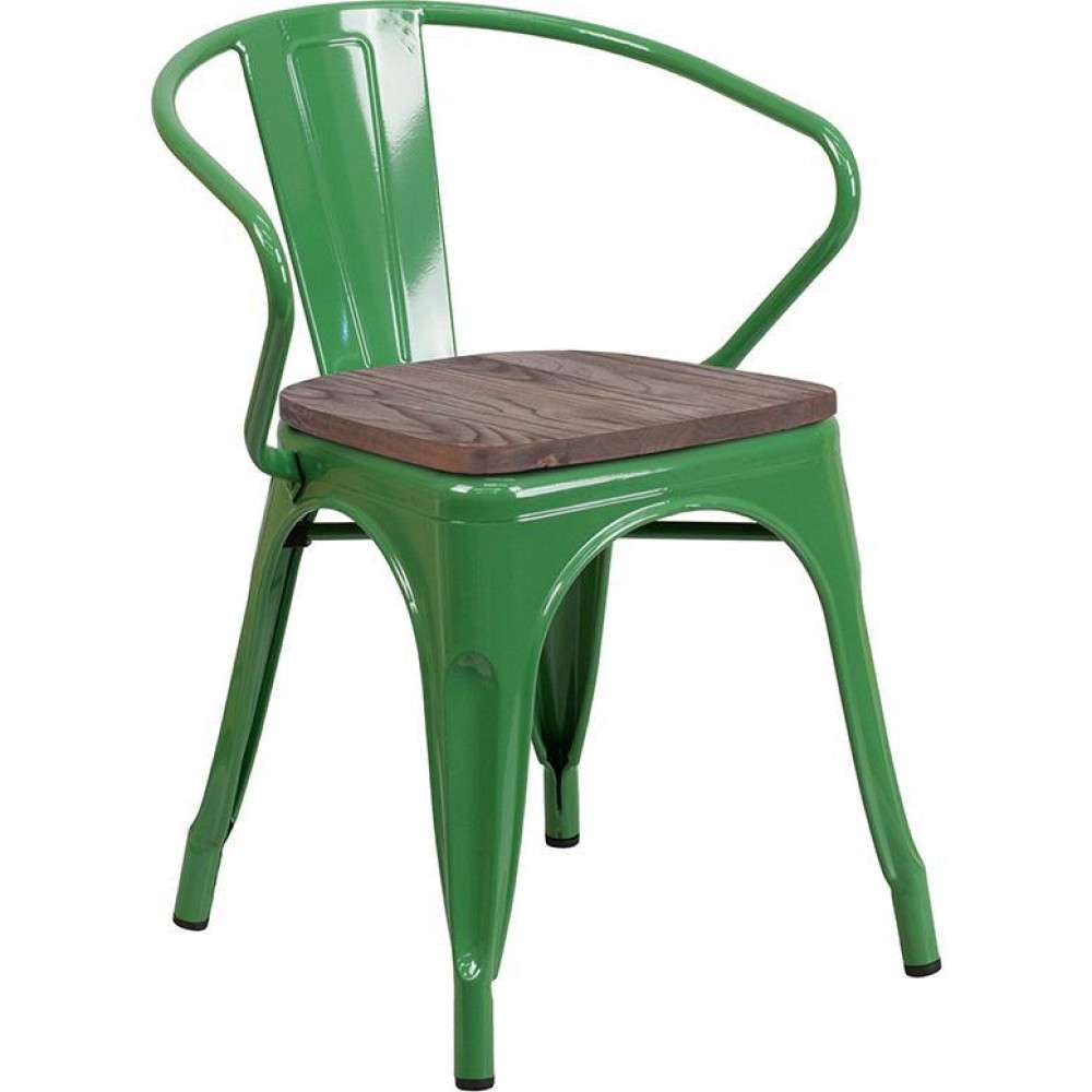 Green Metal Chair with Wood Seat and Arms