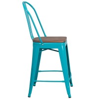 24 High Crystal Teal-Blue Metal Counter Height Stool with Back and Wood Seat