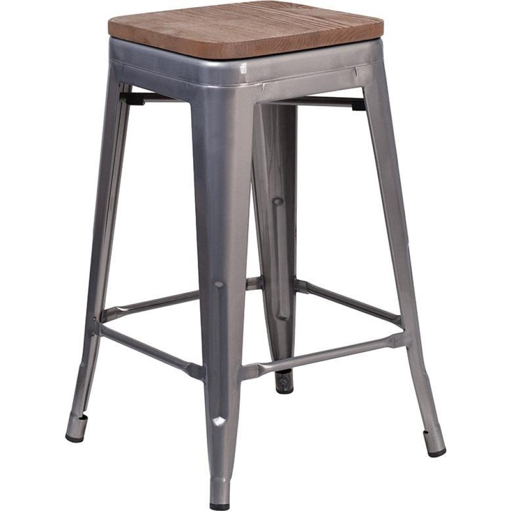 24 High Backless Clear Coated Metal Counter Height Stool with Square Wood Seat
