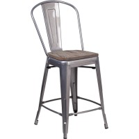 24 High Clear Coated Counter Height Stool with Back and Wood Seat