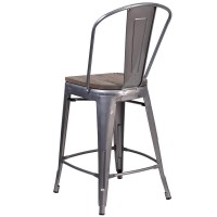 24 High Clear Coated Counter Height Stool with Back and Wood Seat