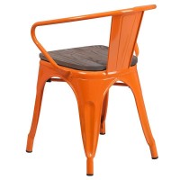 Orange Metal Chair with Wood Seat and Arms