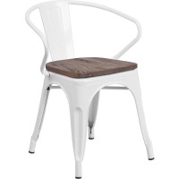 White Metal Chair with Wood Seat and Arms