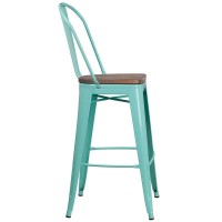 30 High Mint Green Metal Barstool with Back and Wood Seat