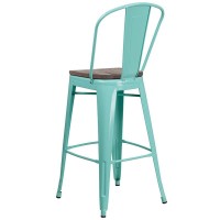 30 High Mint Green Metal Barstool with Back and Wood Seat