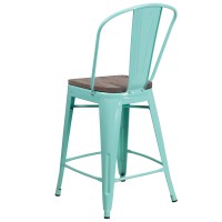 24 High Mint Green Metal Counter Height Stool with Back and Wood Seat