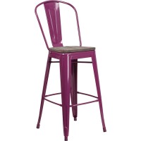 30 High Purple Metal Barstool with Back and Wood Seat