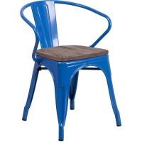 Blue Metal Chair with Wood Seat and Arms