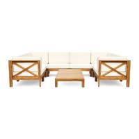 Great Deal Furniture Keith Outdoor Acacia Wood 8 Seater U-Shaped Sectional Sofa Set With Coffee Table, Teak And Beige