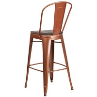 30 High Copper Metal Barstool with Back and Wood Seat