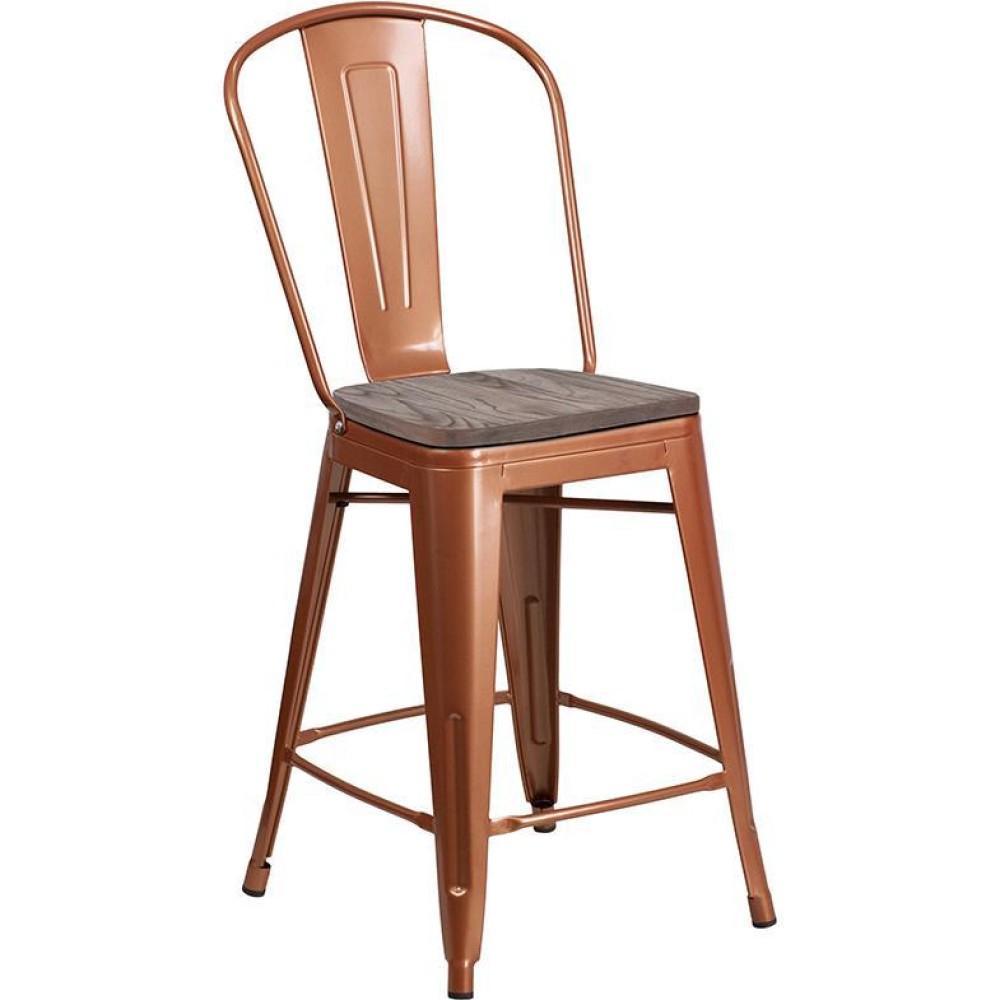 24 High Copper Metal Counter Height Stool with Back and Wood Seat