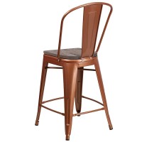 24 High Copper Metal Counter Height Stool with Back and Wood Seat